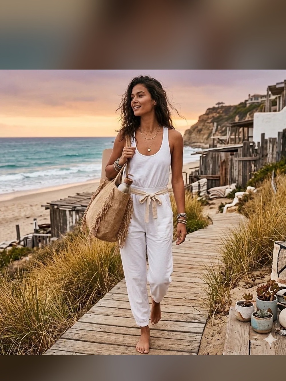 Free People Ivory Jumpsuit with Beige Belt